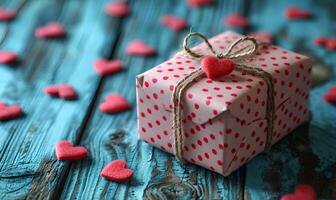 AI generated valentine gift box with small and red hearts on light wood background photo