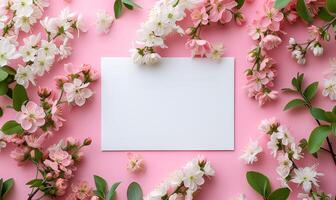 AI generated spring plant mockup copy space on colorful flowers on light pink background. spring flat lay photo