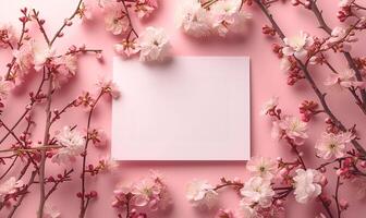 AI generated spring plant mockup copy space on colorful flowers on light pink background. spring flat lay photo