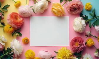 AI generated spring plant mockup copy space on colorful flowers on light pink background. spring flat lay photo