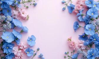 AI generated spring mockup copy space on colorful flowers. spring flat lay photo