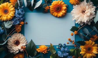 AI generated spring mockup copy space on colorful flowers. spring flat lay photo