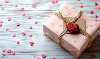 AI generated valentine gift box with small and red hearts on light wood background photo