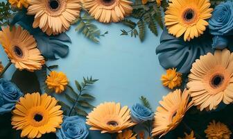 AI generated spring mockup copy space on colorful flowers. spring flat lay photo