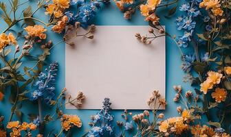 AI generated spring mockup copy space on colorful flowers. spring flat lay photo