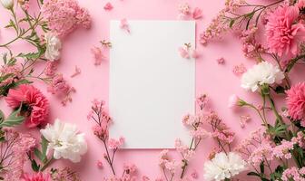 AI generated spring plant mockup copy space on colorful flowers on light pink background. spring flat lay photo