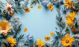 AI generated spring mockup copy space on colorful flowers. spring flat lay photo