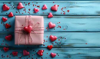 AI generated valentine gift box with small and red hearts on light wood background photo