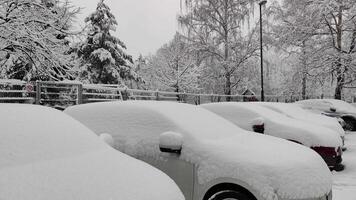 pesante nevicata nel il città e macchine coperto con neve. inverno tempo nel il città. video