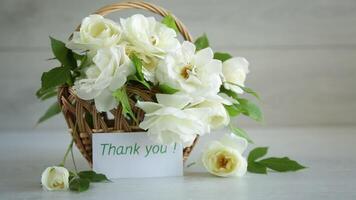 bouquet of beautiful white roses on a wooden table video