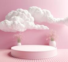 AI generated 3d render of a white round platform with clouds in the background photo