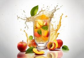 AI generated fresh peach juice with splash on white background photo
