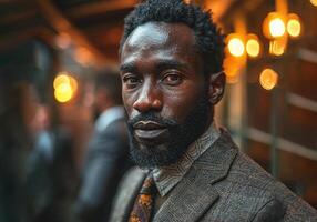 AI generated Man with a beard and tie standing in front of a crowd photo