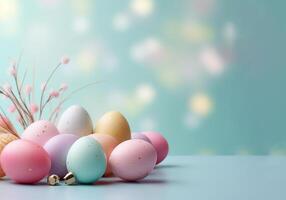 ai generado vistoso Pascua de Resurrección huevos en un azul antecedentes foto
