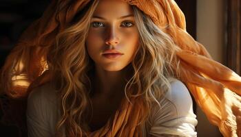 AI generated Beautiful young woman with long blond hair outdoors generated by AI photo