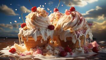 AI generated Sweet food celebration, gourmet raspberry chocolate cream dessert generated by AI photo