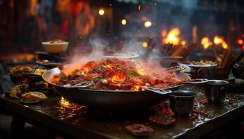 ai generado A la parrilla carne en fuego, un gastrónomo parilla banquete generado por ai foto