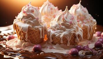 AI generated Whipped cream and chocolate decorate the dessert generated by AI photo