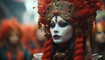 ai generado vistoso mascaras adornar mujer a tradicional carnaval desfile generado por ai foto