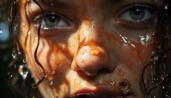 ai generado sonriente niña disfruta refrescante agua en el lluvia generado por ai foto