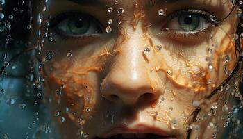 ai generado sonriente mujer disfruta salpicaduras agua en el lluvia generado por ai foto