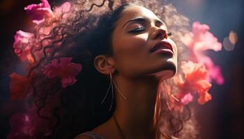 AI generated Young woman with curly brown hair enjoying nature generated by AI photo