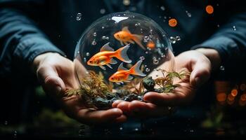 AI generated Child holding goldfish in fish tank underwater generated by AI photo