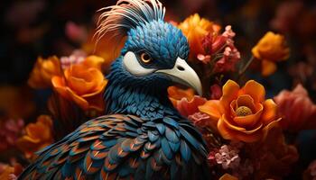 AI generated Majestic peacock displays vibrant colors in nature generated by AI photo