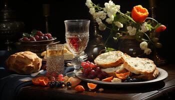 AI generated Gourmet meal with wine, fresh fruit, and bread generated by AI photo
