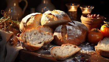 AI generated Freshly baked bread on rustic wooden table generated by AI photo