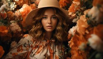 AI generated Young woman in autumn, looking at camera, smiling generated by AI photo