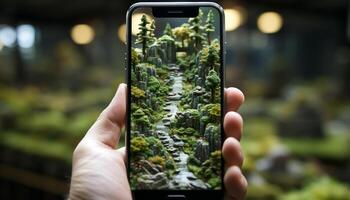 AI generated Hand holding smartphone, photographing fresh green plant generated by AI photo