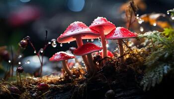 AI generated Spotted toadstool grows in uncultivated forest, poisonous generated by AI photo