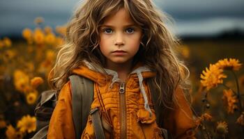 ai generado sonriente niña en naturaleza, disfrutando el hermosa puesta de sol generado por ai foto