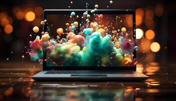 AI generated Abstract laptop glowing in dark, futuristic celebration space generated by AI photo