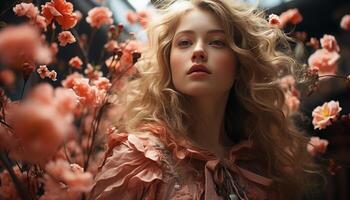 AI generated Young woman with blond hair smiling in nature generated by AI photo