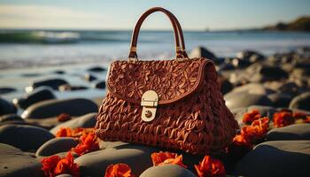 AI generated Fashionable beach bag with leather handle on sand generated by AI photo