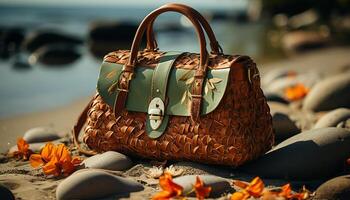 AI generated Fashionable wicker beach bag holds summer essentials generated by AI photo