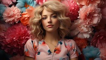 AI generated Young woman with blond hair and floral dress generated by AI photo