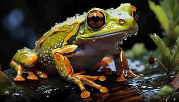 AI generated Green eyed tree frog sitting on wet branch generated by AI photo