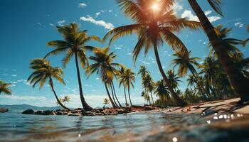 ai generado idílico puesta de sol en tropical línea costera, palma arboles influencia generado por ai foto