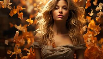 AI generated Young woman in autumn forest, beauty in nature generated by AI photo