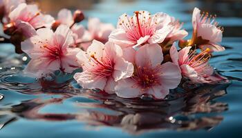 AI generated Beautiful pink flower reflects in tranquil pond generated by AI photo