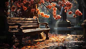 AI generated Autumn leaf on bench, nature beauty in tranquility generated by AI photo