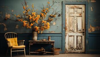 ai generado rústico madera mesa, antiguo florero, moderno silla generado por ai foto