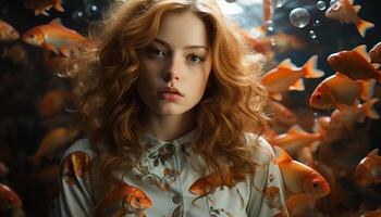 AI generated Young woman looking at camera with goldfish generated by AI photo