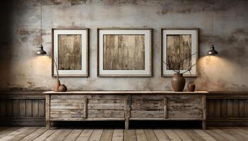 AI generated Rustic wood shelf with antique vase and modern lamp generated by AI photo