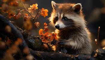 AI generated Cute raccoon looking at camera in forest generated by AI photo