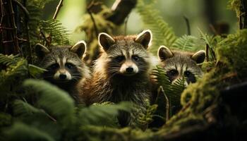 AI generated Cute young raccoon looking at camera in forest generated by AI photo