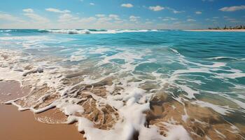 AI generated Blue wave splashing on sandy beach, tranquil summer generated by AI photo